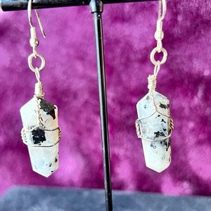 Wire wrapped rainbow moonstone earrings